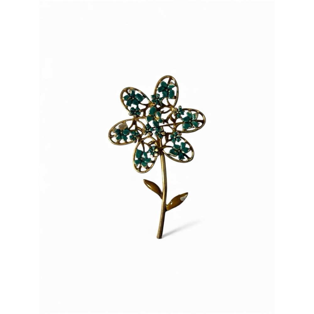 Vintage Gold‎ Tone Green Enamel Floral Flower Brooch Bin